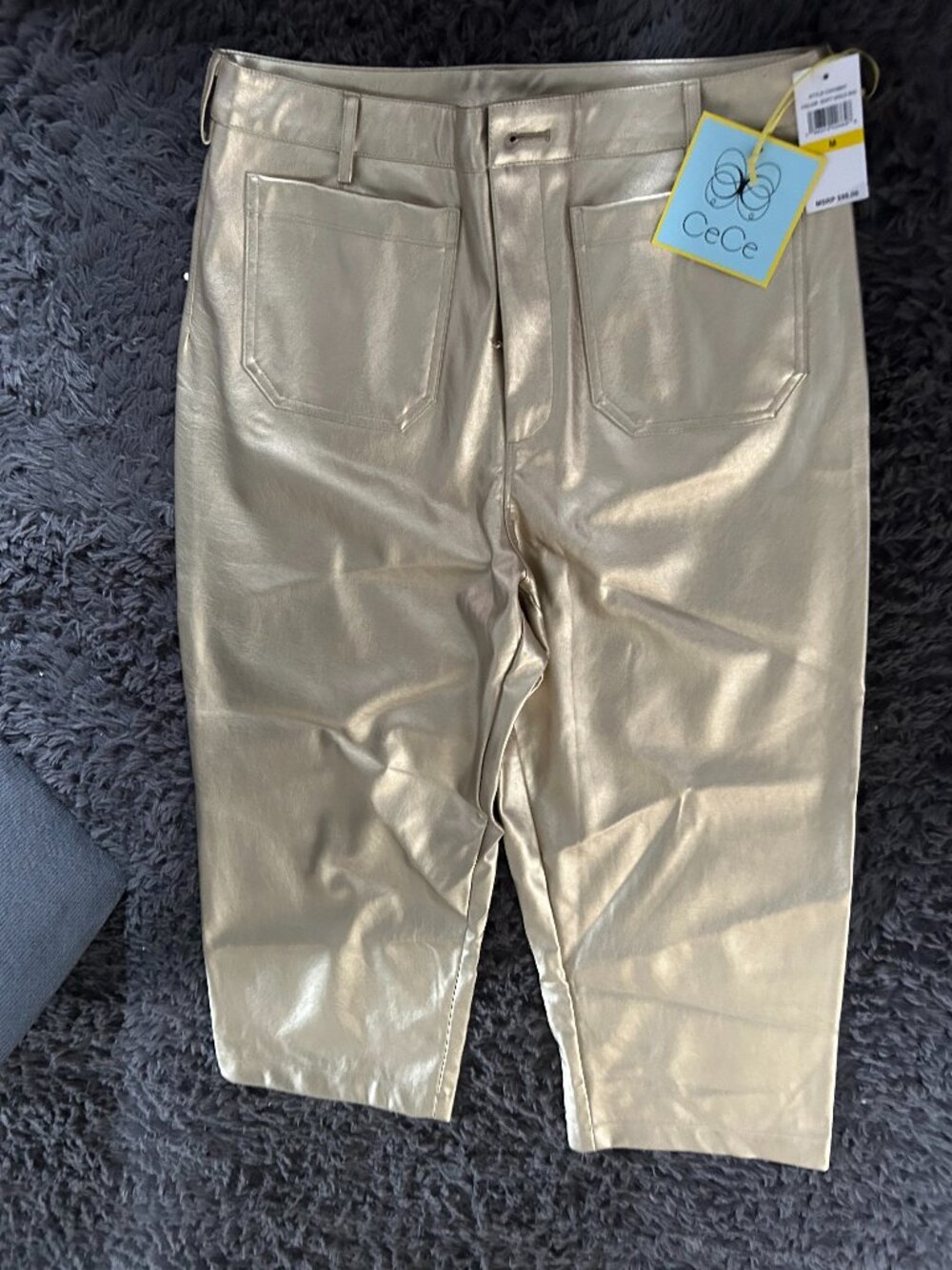 CeCe Shiny Silver Faux Leather Wide-Leg Capri Pants